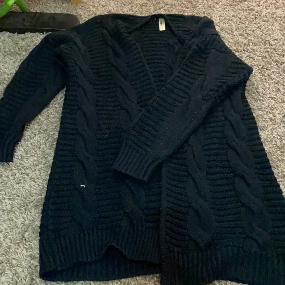 Blue, waist length cardigan, cable knit